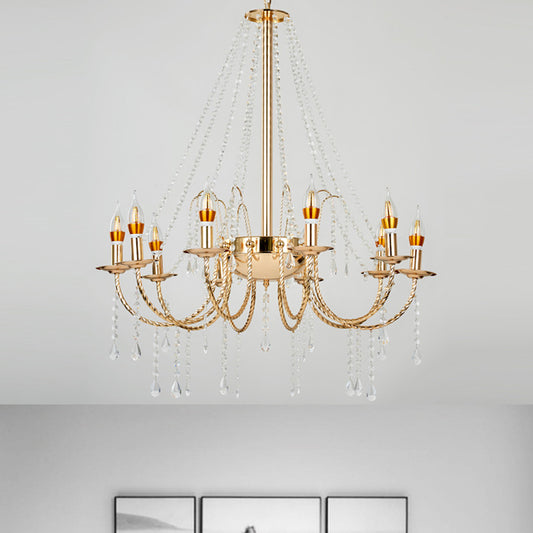 8 Lights Candle Hanging Lamp Retro Clear Crystal Chain Ceiling Chandelier with Gold Stranded Swoop Arm Gold Clearhalo 'Ceiling Lights' 'Chandeliers' 'Modern Chandeliers' 'Modern' Lighting' 1900176