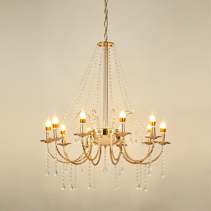 8 Lights Candle Hanging Lamp Retro Clear Crystal Chain Ceiling Chandelier with Gold Stranded Swoop Arm Clearhalo 'Ceiling Lights' 'Chandeliers' 'Modern Chandeliers' 'Modern' Lighting' 1900177
