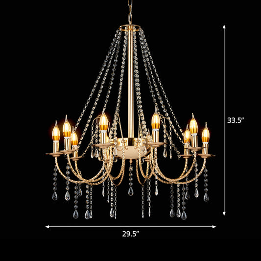 8 Lights Candle Hanging Lamp Retro Clear Crystal Chain Ceiling Chandelier with Gold Stranded Swoop Arm Clearhalo 'Ceiling Lights' 'Chandeliers' 'Modern Chandeliers' 'Modern' Lighting' 1900178
