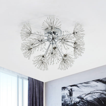 Firework Dinning Room Ceiling Mounted Light Simple Clear Crystal Bead 9/15-Bulb Chrome Flush Mount Lighting Clear Clearhalo 'Ceiling Lights' 'Close To Ceiling Lights' 'Close to ceiling' 'Semi-flushmount' Lighting' 1900180