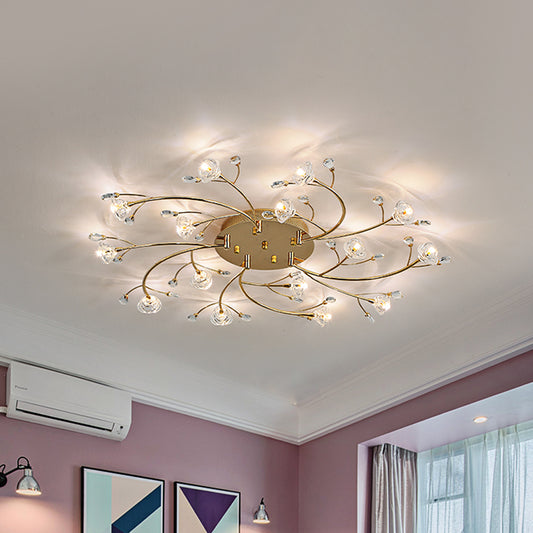 15-Head Spiral Branch Ceiling Lamp Minimal Gold Faceted Crystal Flush Mounted Light Gold Clearhalo 'Ceiling Lights' 'Close To Ceiling Lights' 'Close to ceiling' 'Flush mount' Lighting' 1900337