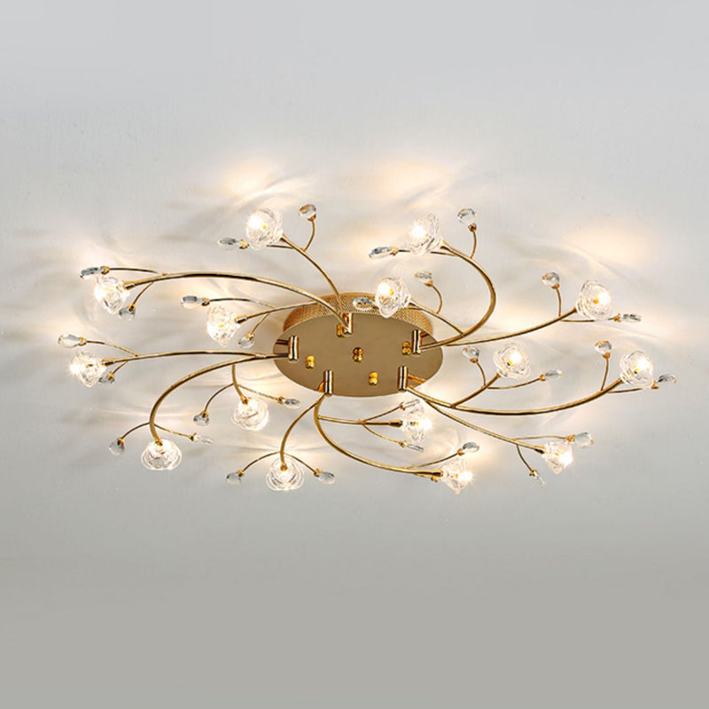 15-Head Spiral Branch Ceiling Lamp Minimal Gold Faceted Crystal Flush Mounted Light Clearhalo 'Ceiling Lights' 'Close To Ceiling Lights' 'Close to ceiling' 'Flush mount' Lighting' 1900338