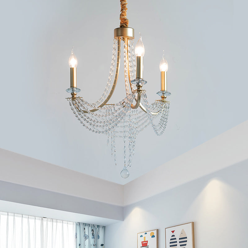 Champagne Swooping Arm Candle Chandelier Rural Iron 3 Heads Bedroom Pendant Light with Crystal Stands Clearhalo 'Ceiling Lights' 'Chandeliers' 'Modern Chandeliers' 'Modern' Lighting' 1900442