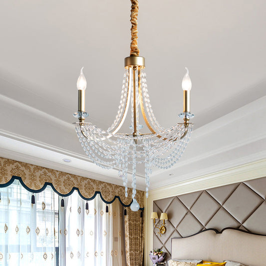 Champagne Swooping Arm Candle Chandelier Rural Iron 3 Heads Bedroom Pendant Light with Crystal Stands Champagne Clearhalo 'Ceiling Lights' 'Chandeliers' 'Modern Chandeliers' 'Modern' Lighting' 1900443