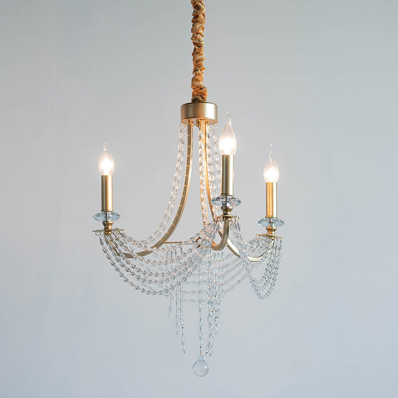 Champagne Swooping Arm Candle Chandelier Rural Iron 3 Heads Bedroom Pendant Light with Crystal Stands Clearhalo 'Ceiling Lights' 'Chandeliers' 'Modern Chandeliers' 'Modern' Lighting' 1900444