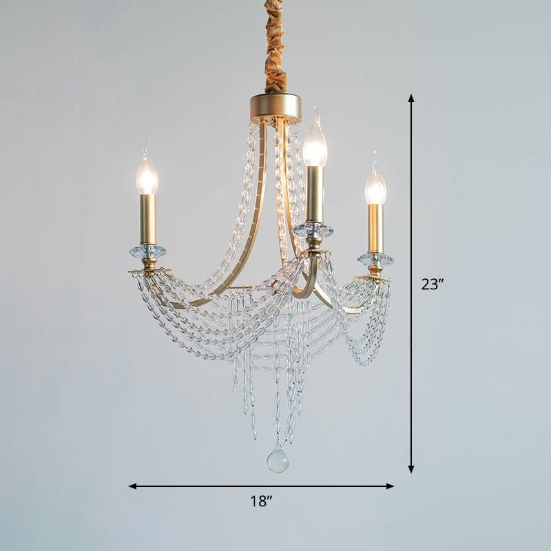Champagne Swooping Arm Candle Chandelier Rural Iron 3 Heads Bedroom Pendant Light with Crystal Stands Clearhalo 'Ceiling Lights' 'Chandeliers' 'Modern Chandeliers' 'Modern' Lighting' 1900445