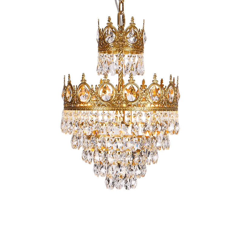 3 Lights Tiered Tapered Chandelier Traditional Clear Teardrop Crystal Hanging Lamp with Gold Crown Top Clearhalo 'Ceiling Lights' 'Chandeliers' 'Modern Chandeliers' 'Modern' Lighting' 1900519