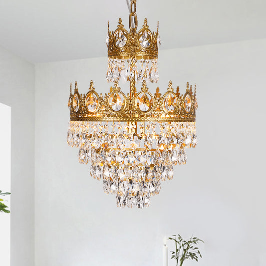 3 Lights Tiered Tapered Chandelier Traditional Clear Teardrop Crystal Hanging Lamp with Gold Crown Top Gold Clearhalo 'Ceiling Lights' 'Chandeliers' 'Modern Chandeliers' 'Modern' Lighting' 1900520