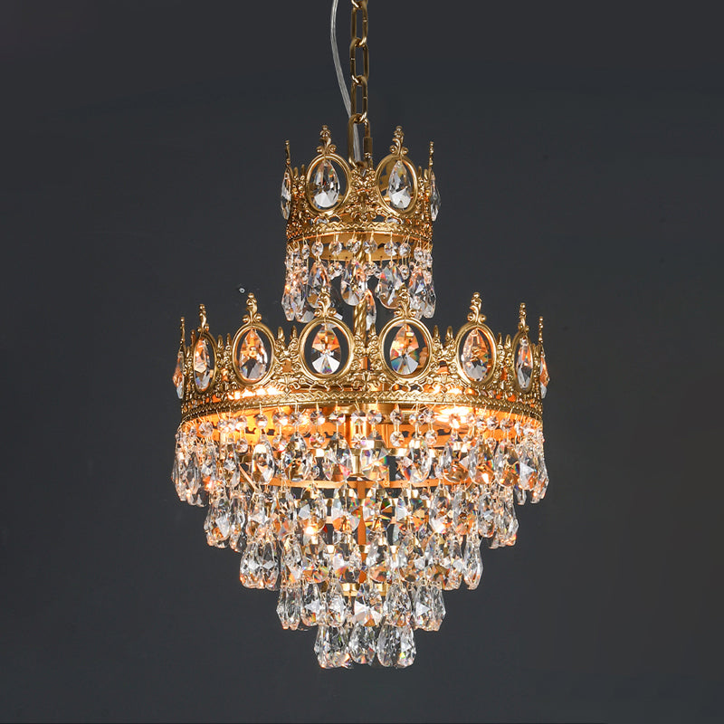 3 Lights Tiered Tapered Chandelier Traditional Clear Teardrop Crystal Hanging Lamp with Gold Crown Top Clearhalo 'Ceiling Lights' 'Chandeliers' 'Modern Chandeliers' 'Modern' Lighting' 1900521