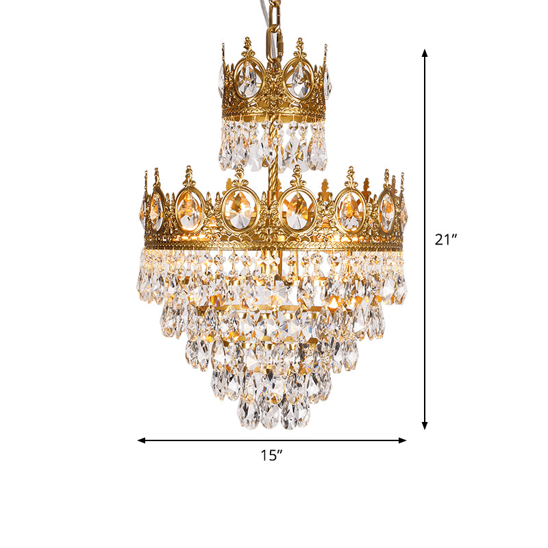 3 Lights Tiered Tapered Chandelier Traditional Clear Teardrop Crystal Hanging Lamp with Gold Crown Top Clearhalo 'Ceiling Lights' 'Chandeliers' 'Modern Chandeliers' 'Modern' Lighting' 1900522