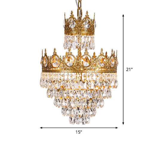 3 Lights Tiered Tapered Chandelier Traditional Clear Teardrop Crystal Hanging Lamp with Gold Crown Top Clearhalo 'Ceiling Lights' 'Chandeliers' 'Modern Chandeliers' 'Modern' Lighting' 1900522