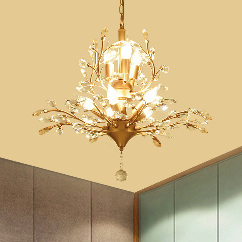 Gold Tree Suspension Pendant Light Rural Crystal 8-Bulb 19.5"/21.5" High Dining Table Ceiling Chandelier Gold 19.5" Clearhalo 'Ceiling Lights' 'Chandeliers' 'Modern Chandeliers' 'Modern' Lighting' 1900597