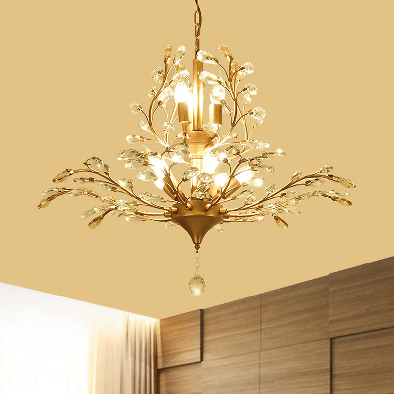 Gold Tree Suspension Pendant Light Rural Crystal 8-Bulb 19.5"/21.5" High Dining Table Ceiling Chandelier Gold 21.5" Clearhalo 'Ceiling Lights' 'Chandeliers' 'Modern Chandeliers' 'Modern' Lighting' 1900600