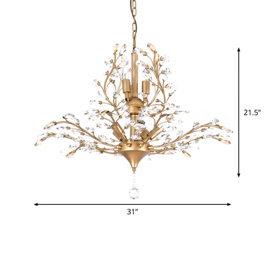 Gold Tree Suspension Pendant Light Rural Crystal 8-Bulb 19.5"/21.5" High Dining Table Ceiling Chandelier Clearhalo 'Ceiling Lights' 'Chandeliers' 'Modern Chandeliers' 'Modern' Lighting' 1900604