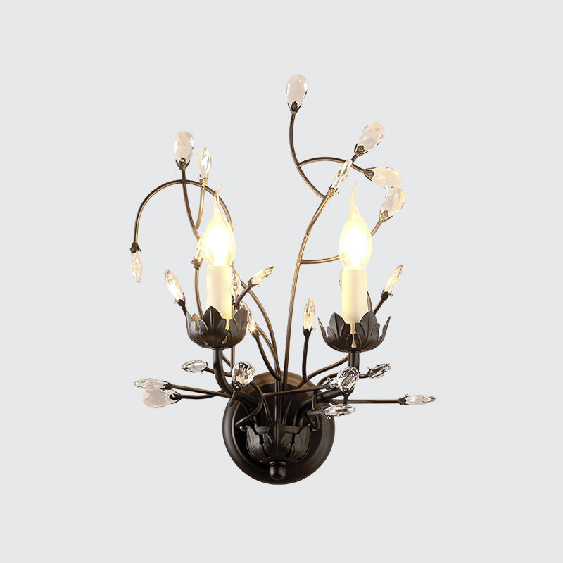 2-Bulb Candlestick Wall Light Fixture Minimalism Black Crystal Sconce Lamp with Branching Design Clearhalo 'Modern wall lights' 'Modern' 'Wall Lamps & Sconces' 'Wall Lights' Lighting' 1900675