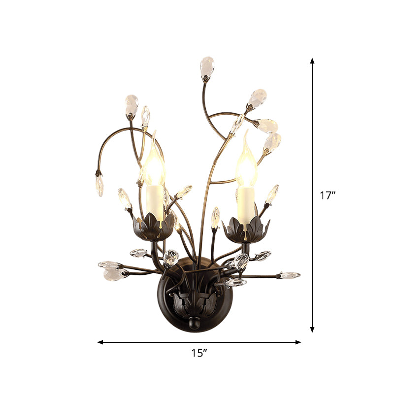 2-Bulb Candlestick Wall Light Fixture Minimalism Black Crystal Sconce Lamp with Branching Design Clearhalo 'Modern wall lights' 'Modern' 'Wall Lamps & Sconces' 'Wall Lights' Lighting' 1900676