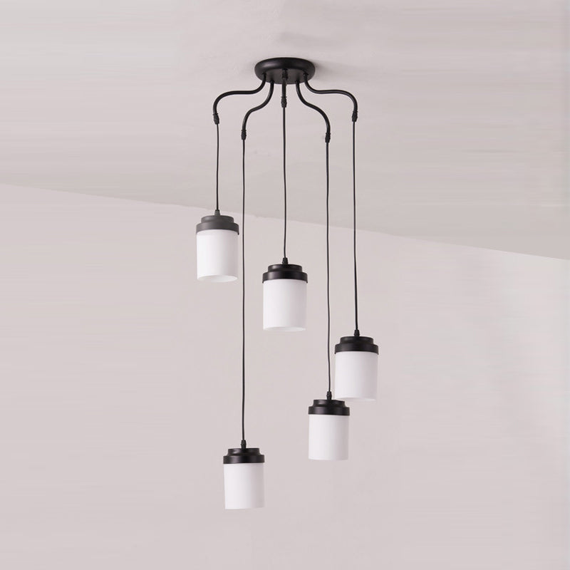 Cylinder Shade Hanging Light Contemporary Frosted Glass Pendant Lamp in Black & White for Kitchen 5 Black Clearhalo 'Ceiling Lights' 'Chandeliers' 'Modern Chandeliers' 'Modern' Lighting' 190070