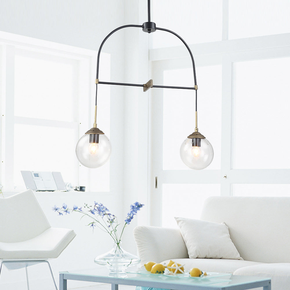 Black Arched Pendant Lamp 2 Lights Contemporary Metal Ceiling Pendant Light with Glass Shade for Cafe Black Clearhalo 'Ceiling Lights' 'Chandeliers' 'Glass shade' 'Glass' 'Modern Chandeliers' 'Modern' Lighting' 190083