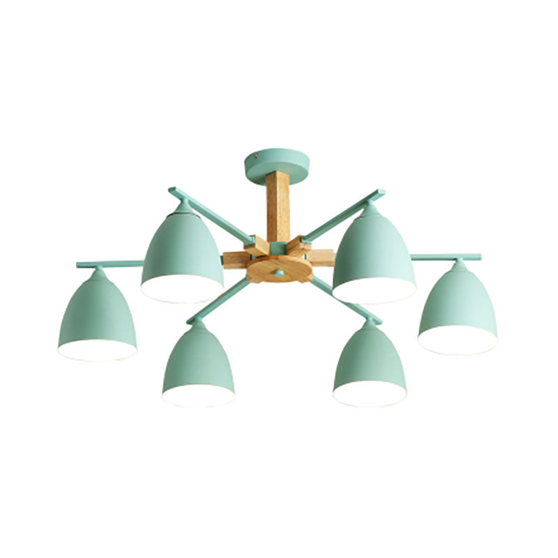 Metal Dome Shade Hanging Chandelier 3/6 Lights Modern Wood Arm Ceiling Hanging Lamp in Green/Grey/White Clearhalo 'Ceiling Lights' 'Chandeliers' 'Modern Chandeliers' 'Modern' Lighting' 190187