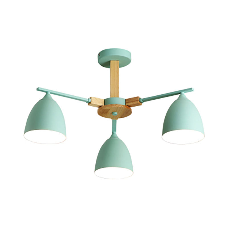 Metal Dome Shade Hanging Chandelier 3/6 Lights Modern Wood Arm Ceiling Hanging Lamp in Green/Grey/White Clearhalo 'Ceiling Lights' 'Chandeliers' 'Modern Chandeliers' 'Modern' Lighting' 190191