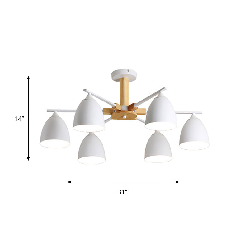 Metal Dome Shade Hanging Chandelier 3/6 Lights Modern Wood Arm Ceiling Hanging Lamp in Green/Grey/White Clearhalo 'Ceiling Lights' 'Chandeliers' 'Modern Chandeliers' 'Modern' Lighting' 190196