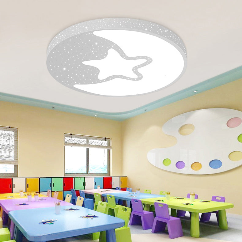 Starry Kid Bedroom Flush Ceiling Light with Crescent Metal Lovely LED Ceiling Fixture in White White White Clearhalo 'Ceiling Lights' 'Close To Ceiling Lights' 'Close to ceiling' 'Flush mount' Lighting' 190292