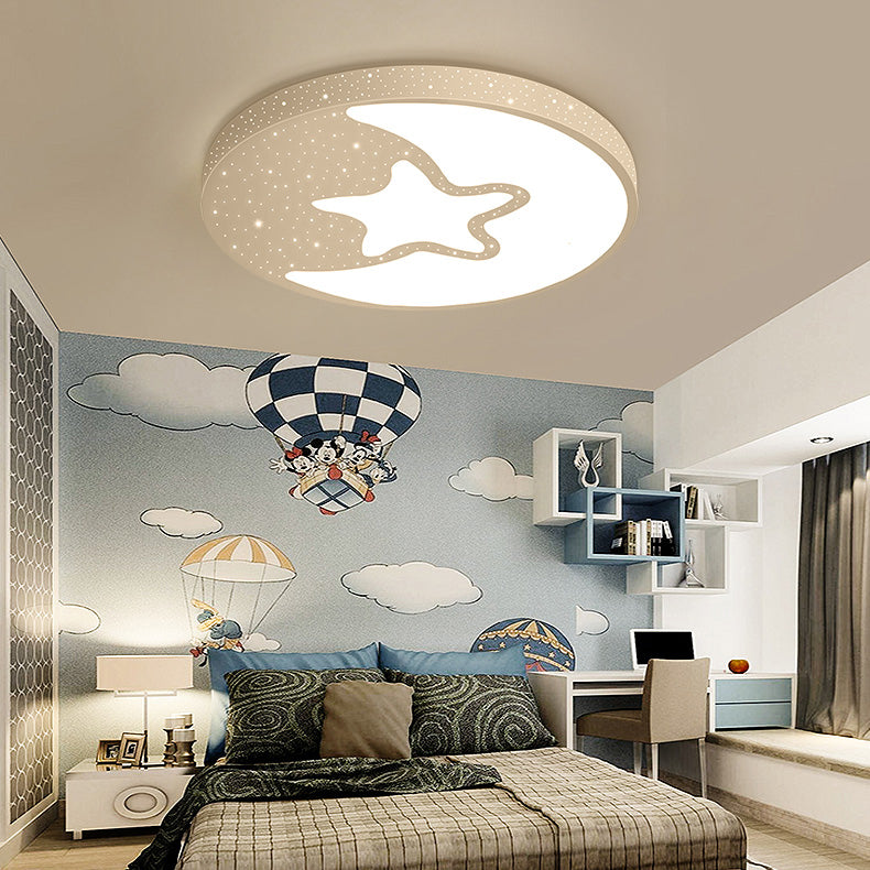 Starry Kid Bedroom Flush Ceiling Light with Crescent Metal Lovely LED Ceiling Fixture in White White Warm Clearhalo 'Ceiling Lights' 'Close To Ceiling Lights' 'Close to ceiling' 'Flush mount' Lighting' 190294