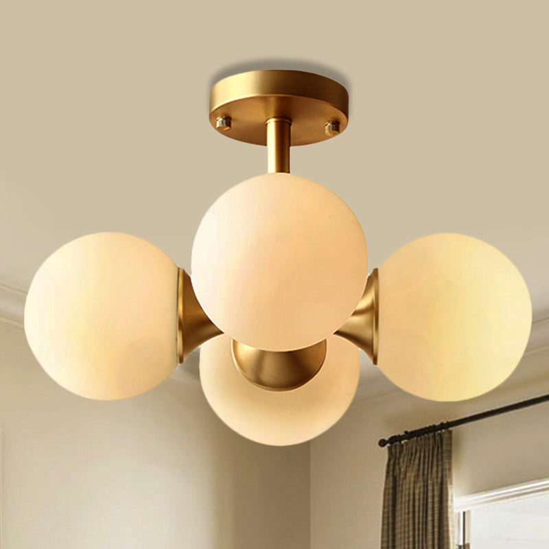 4 Lights Dining Room Ceiling Light Fixture Traditional Gold Semi Flush with Globe White Glass Shade Clearhalo 'Ceiling Lights' 'Close To Ceiling Lights' 'Close to ceiling' 'Glass shade' 'Glass' 'Semi-flushmount' Lighting' 1903009