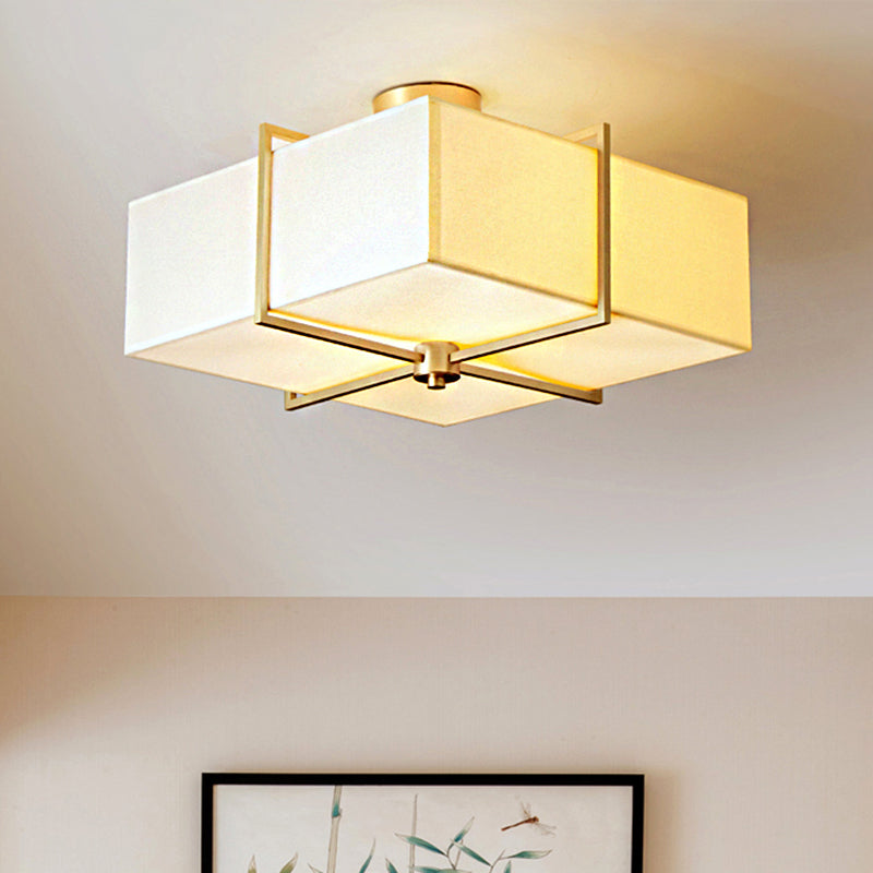 4 Lights Living Room Ceiling Light Fixture Traditional Brass Semi Flush with Rectangle Fabric Shade Clearhalo 'Ceiling Lights' 'Close To Ceiling Lights' 'Close to ceiling' 'Semi-flushmount' Lighting' 1903023