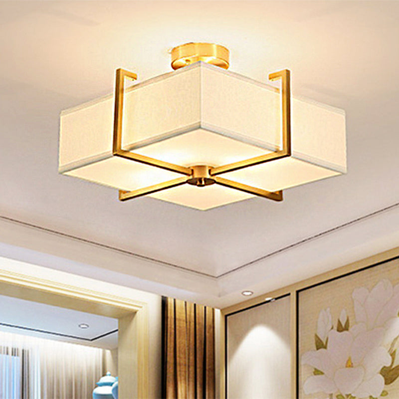 4 Lights Living Room Ceiling Light Fixture Traditional Brass Semi Flush with Rectangle Fabric Shade Clearhalo 'Ceiling Lights' 'Close To Ceiling Lights' 'Close to ceiling' 'Semi-flushmount' Lighting' 1903024