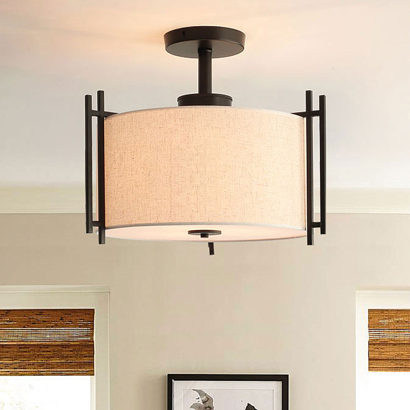 1 Light Drum Semi Flush Light Traditional Flaxen Fabric Ceiling Mounted Fixture for Living Room Clearhalo 'Ceiling Lights' 'Close To Ceiling Lights' 'Close to ceiling' 'Semi-flushmount' Lighting' 1903032