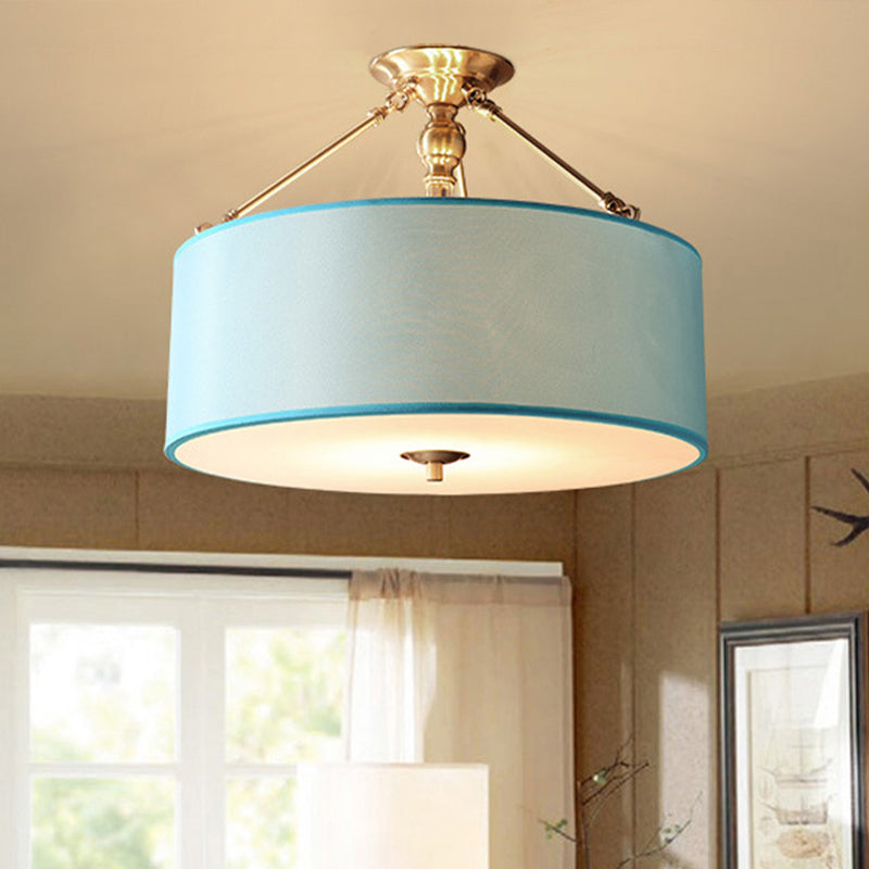 Blue 4 Lights Ceiling Mount Traditional Fabric Drum Semi Flush Light for Corridor Clearhalo 'Ceiling Lights' 'Close To Ceiling Lights' 'Close to ceiling' 'Semi-flushmount' Lighting' 1903038