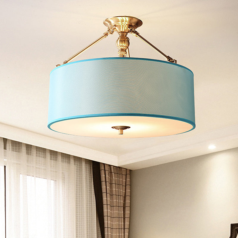 Blue 4 Lights Ceiling Mount Traditional Fabric Drum Semi Flush Light for Corridor Clearhalo 'Ceiling Lights' 'Close To Ceiling Lights' 'Close to ceiling' 'Semi-flushmount' Lighting' 1903039