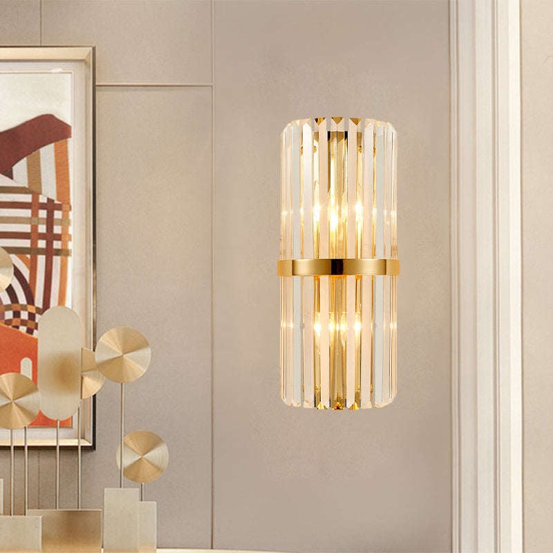 Cylinder Wall Lighting Fixture Modernist Clear Crystal 2 Lights Golden Sconce Lamp for Living Room, 18"/21.5" Height Clearhalo 'Modern wall lights' 'Modern' 'Wall Lamps & Sconces' 'Wall Lights' Lighting' 1903057