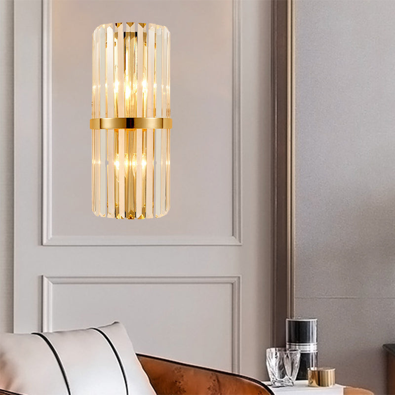 Cylinder Wall Lighting Fixture Modernist Clear Crystal 2 Lights Golden Sconce Lamp for Living Room, 18"/21.5" Height Clearhalo 'Modern wall lights' 'Modern' 'Wall Lamps & Sconces' 'Wall Lights' Lighting' 1903058