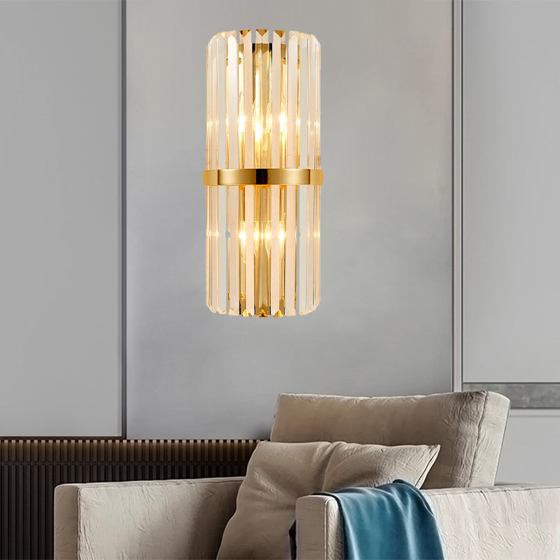 Cylinder Wall Lighting Fixture Modernist Clear Crystal 2 Lights Golden Sconce Lamp for Living Room, 18"/21.5" Height Clearhalo 'Modern wall lights' 'Modern' 'Wall Lamps & Sconces' 'Wall Lights' Lighting' 1903059