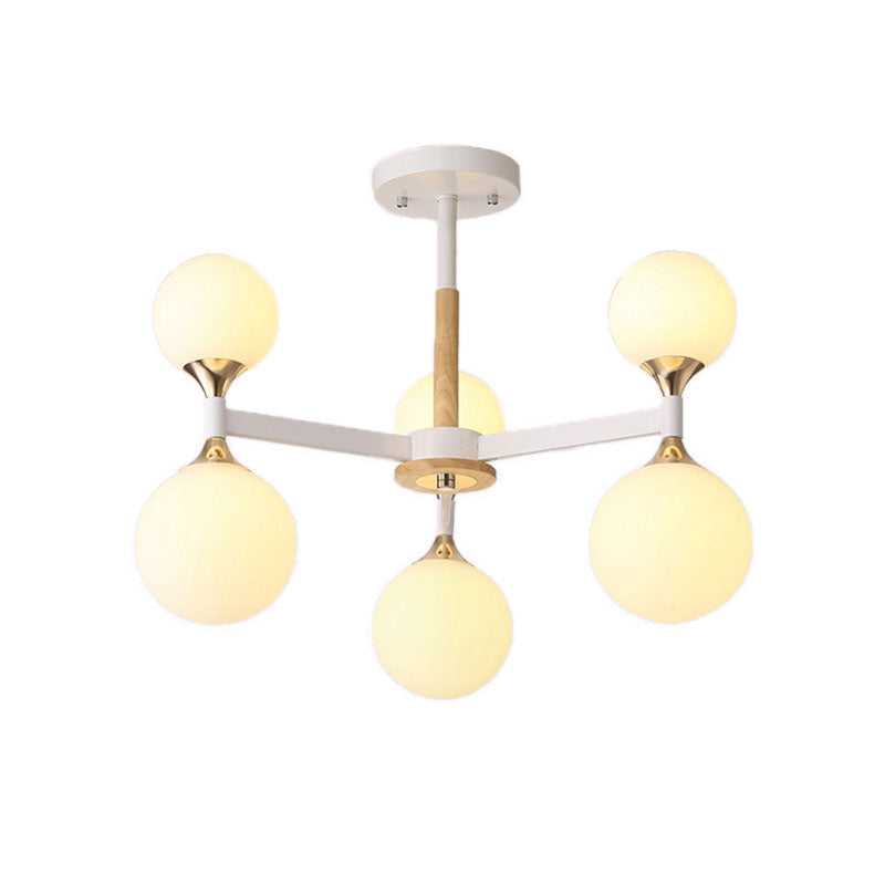 6/12-Light Glass Ball Hanging Chandelier Wood and Metal Body Pendant Lamp for Restaurant Clearhalo 'Ceiling Lights' 'Chandeliers' 'Glass shade' 'Glass' 'Modern Chandeliers' 'Modern' Lighting' 190306