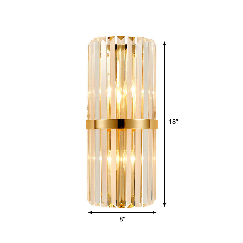 Cylinder Wall Lighting Fixture Modernist Clear Crystal 2 Lights Golden Sconce Lamp for Living Room, 18"/21.5" Height Clearhalo 'Modern wall lights' 'Modern' 'Wall Lamps & Sconces' 'Wall Lights' Lighting' 1903060