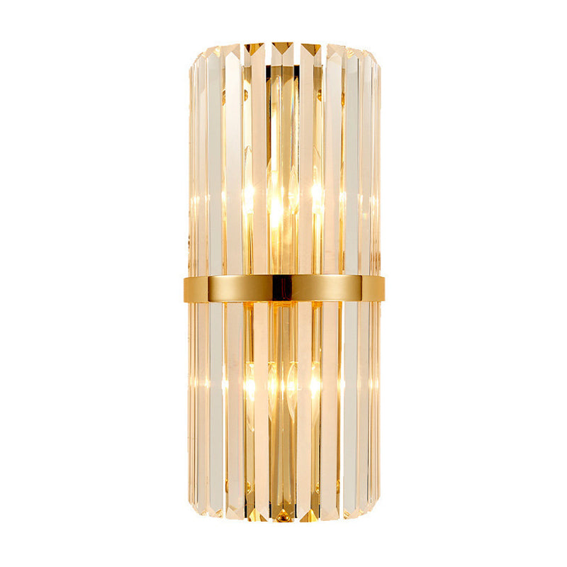 Cylinder Wall Lighting Fixture Modernist Clear Crystal 2 Lights Golden Sconce Lamp for Living Room, 18"/21.5" Height Clearhalo 'Modern wall lights' 'Modern' 'Wall Lamps & Sconces' 'Wall Lights' Lighting' 1903061