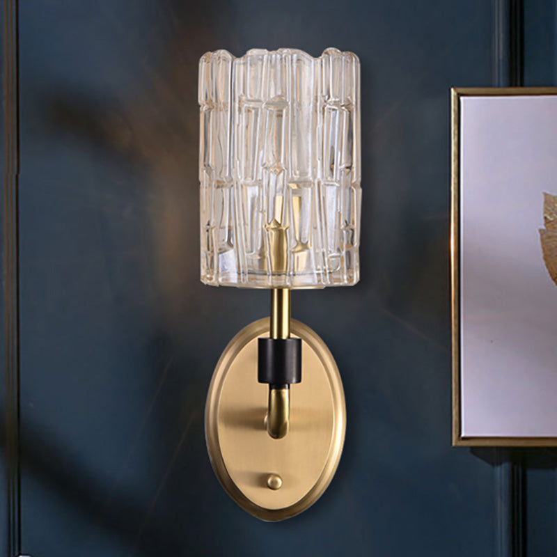1/2-Head Bedside Wall Sconce Contemporary Style Brass Wall Lighting with Cylinder Clear Crystal Shade 1.0 Brass Clearhalo 'Cast Iron' 'Glass' 'Industrial' 'Modern wall lights' 'Modern' 'Tiffany' 'Traditional wall lights' 'Wall Lamps & Sconces' 'Wall Lights' Lighting' 1903062