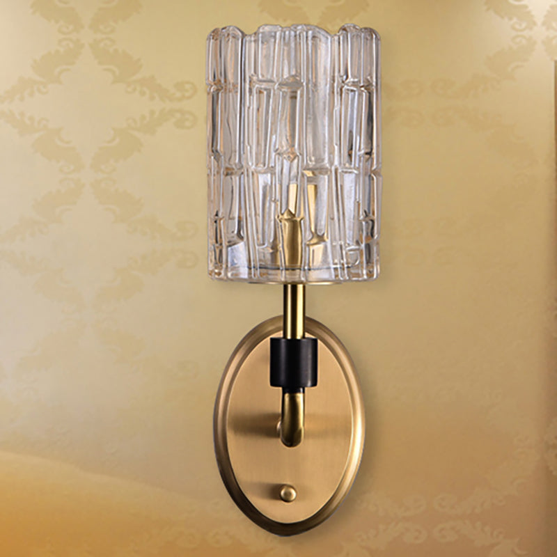 1/2-Head Bedside Wall Sconce Contemporary Style Brass Wall Lighting with Cylinder Clear Crystal Shade Clearhalo 'Cast Iron' 'Glass' 'Industrial' 'Modern wall lights' 'Modern' 'Tiffany' 'Traditional wall lights' 'Wall Lamps & Sconces' 'Wall Lights' Lighting' 1903063