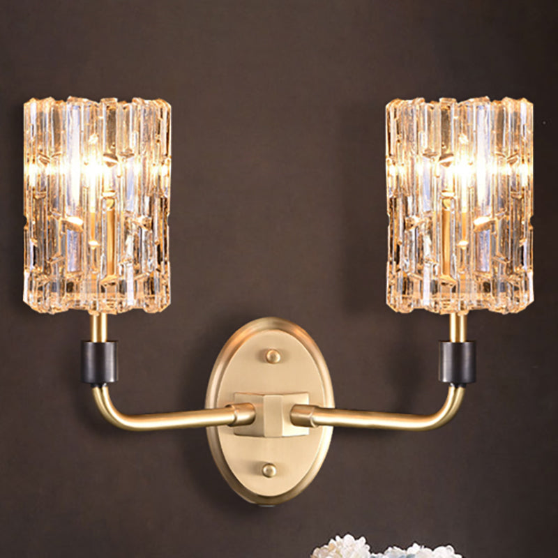 1/2-Head Bedside Wall Sconce Contemporary Style Brass Wall Lighting with Cylinder Clear Crystal Shade 2.0 Brass Clearhalo 'Cast Iron' 'Glass' 'Industrial' 'Modern wall lights' 'Modern' 'Tiffany' 'Traditional wall lights' 'Wall Lamps & Sconces' 'Wall Lights' Lighting' 1903064