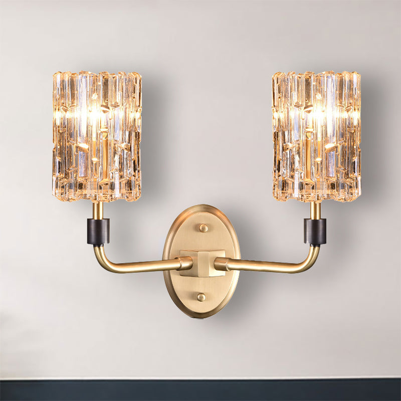 1/2-Head Bedside Wall Sconce Contemporary Style Brass Wall Lighting with Cylinder Clear Crystal Shade Clearhalo 'Cast Iron' 'Glass' 'Industrial' 'Modern wall lights' 'Modern' 'Tiffany' 'Traditional wall lights' 'Wall Lamps & Sconces' 'Wall Lights' Lighting' 1903065