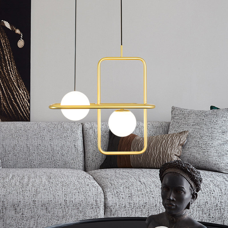 White Glass Globe Pendant Lamp with Rectangular Design Post Modernist 1/2 Lights Gold Led Hanging Light Fixture 2 Gold Clearhalo 'Ceiling Lights' 'Modern Pendants' 'Modern' 'Pendant Lights' 'Pendants' Lighting' 1903081