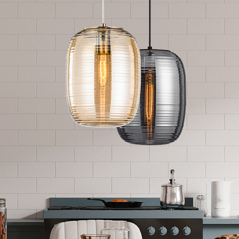 Amber/Smoke Cylinder Pendant Light Post-Modern 1 Light Ribbed Glass Hanging Light Fixture for Bedroom Clearhalo 'Ceiling Lights' 'Glass shade' 'Glass' 'Modern Pendants' 'Modern' 'Pendant Lights' 'Pendants' Lighting' 1903095