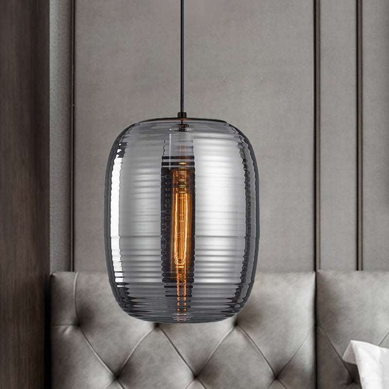 Amber/Smoke Cylinder Pendant Light Post-Modern 1 Light Ribbed Glass Hanging Light Fixture for Bedroom Smoke Gray Clearhalo 'Ceiling Lights' 'Glass shade' 'Glass' 'Modern Pendants' 'Modern' 'Pendant Lights' 'Pendants' Lighting' 1903096