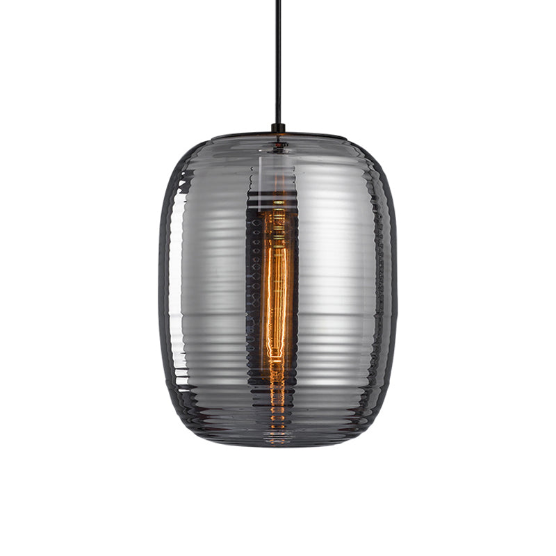 Amber/Smoke Cylinder Pendant Light Post-Modern 1 Light Ribbed Glass Hanging Light Fixture for Bedroom Clearhalo 'Ceiling Lights' 'Glass shade' 'Glass' 'Modern Pendants' 'Modern' 'Pendant Lights' 'Pendants' Lighting' 1903098