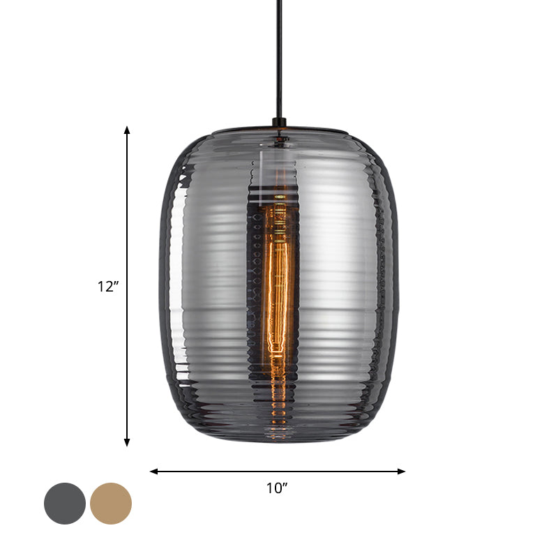 Amber/Smoke Cylinder Pendant Light Post-Modern 1 Light Ribbed Glass Hanging Light Fixture for Bedroom Clearhalo 'Ceiling Lights' 'Glass shade' 'Glass' 'Modern Pendants' 'Modern' 'Pendant Lights' 'Pendants' Lighting' 1903099