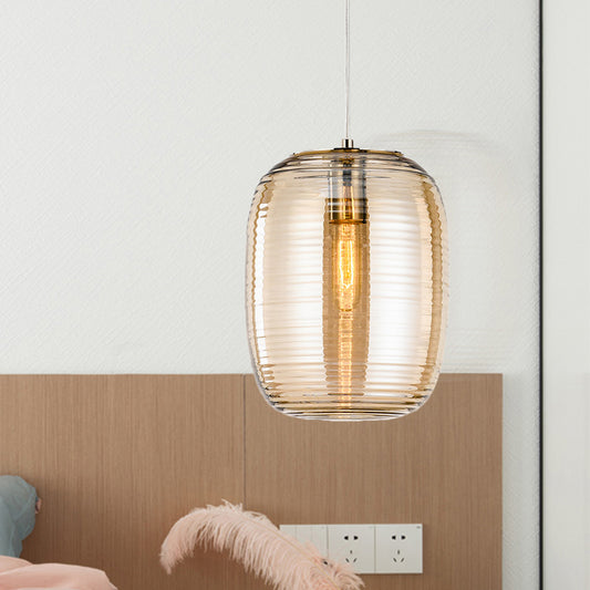 Amber/Smoke Cylinder Pendant Light Post-Modern 1 Light Ribbed Glass Hanging Light Fixture for Bedroom Amber Clearhalo 'Ceiling Lights' 'Glass shade' 'Glass' 'Modern Pendants' 'Modern' 'Pendant Lights' 'Pendants' Lighting' 1903100