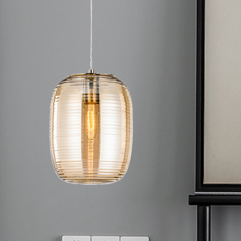 Amber/Smoke Cylinder Pendant Light Post-Modern 1 Light Ribbed Glass Hanging Light Fixture for Bedroom Clearhalo 'Ceiling Lights' 'Glass shade' 'Glass' 'Modern Pendants' 'Modern' 'Pendant Lights' 'Pendants' Lighting' 1903101